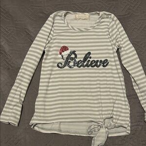 btween Gray and White Striped Long Sleeve Top with Sequin 'Believe'